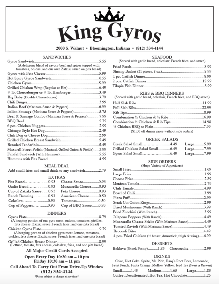 Menu King Gyros Restaurant